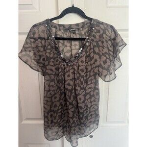 Express Women’s Brown Leopard Print Sheer Beaded V Neck Blouse Small